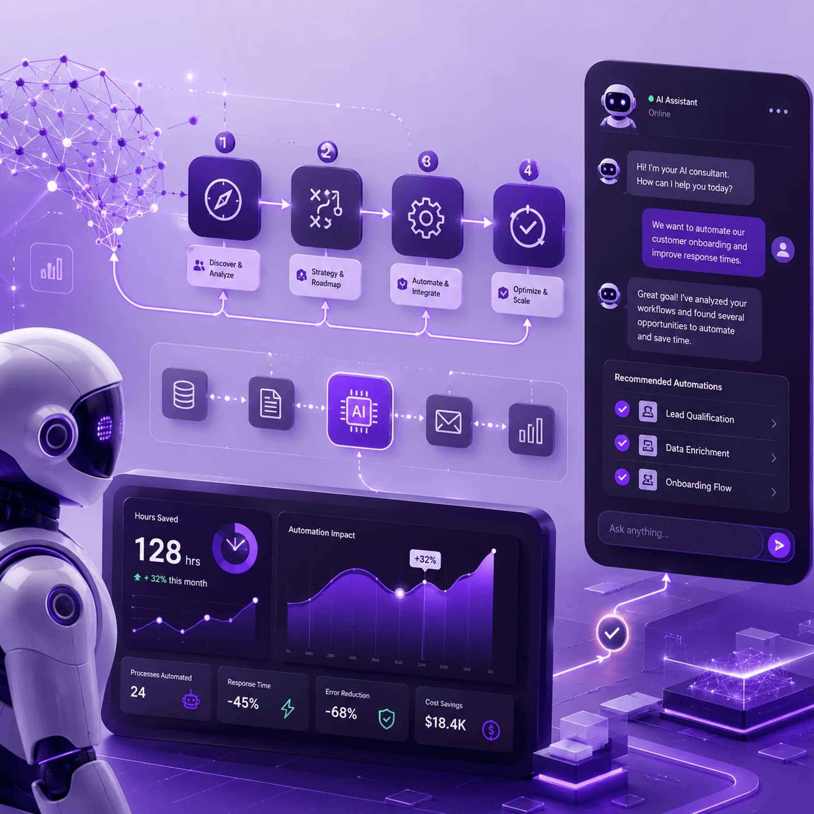 AI implementation visualization showing chatbot interfaces, workflow automation, and a counter of hours saved per week