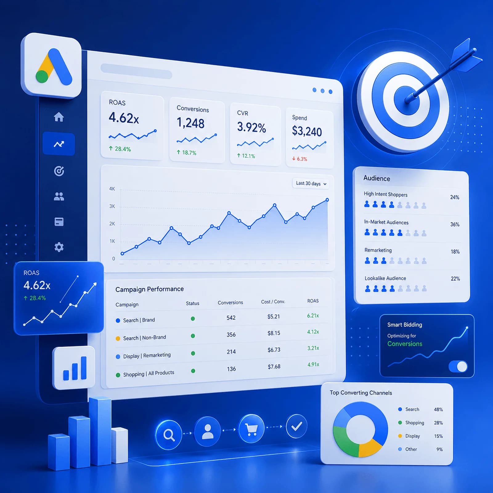 Google Ads dashboard with ROAS, CPA, and conversion funnel charts showing campaign performance for a Malaysian business
