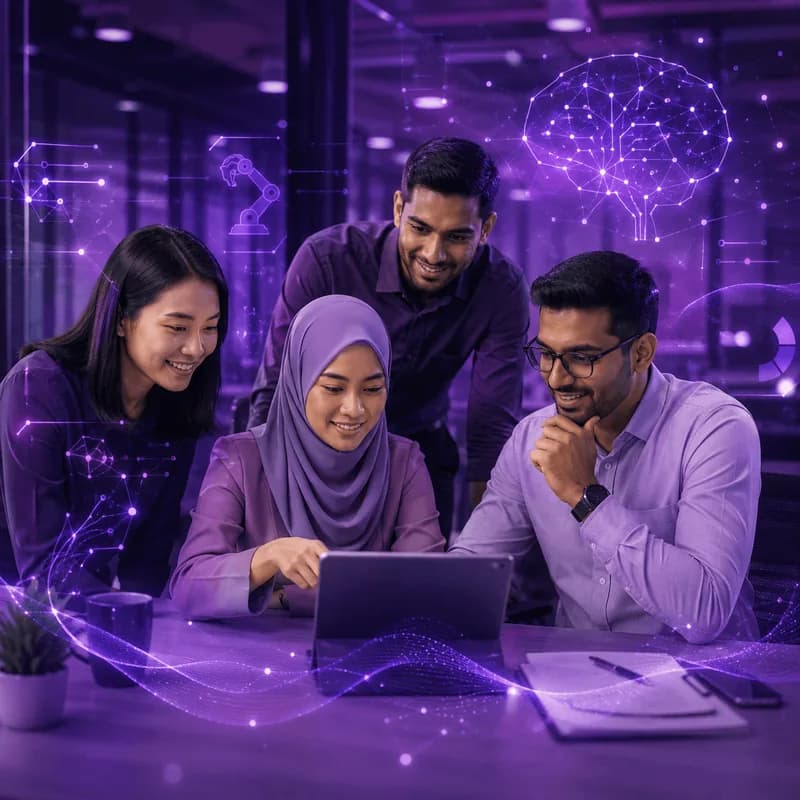 Malaysian team collaborating on AI implementation with neural network and automation graphics on a tablet